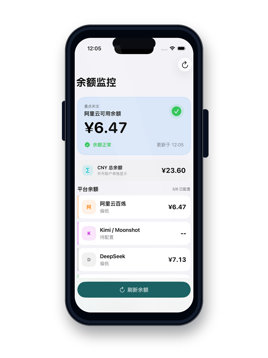 AI Balance iPhone 余额概览设备效果图。